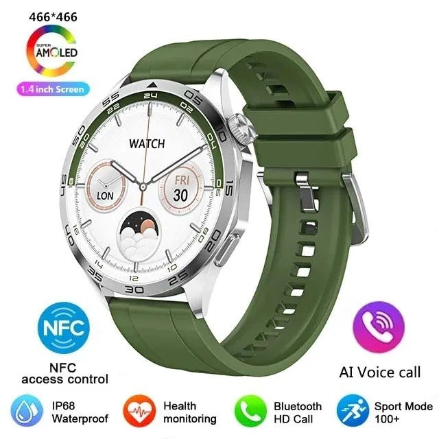 GT4 Pro smartwatch with green silicone strap